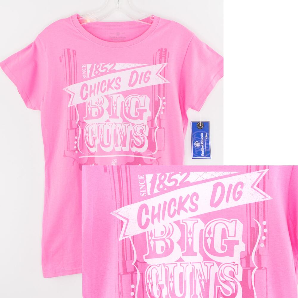 New SMITH & WESSON Women's Fit T-shirt SMALL Pink 'Chicks Dig Big Guns' Tee